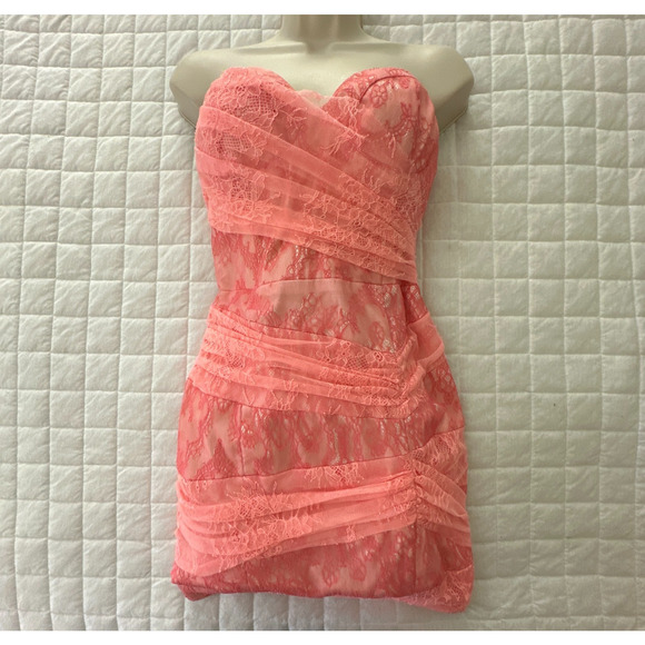 BEBE Womens Dress Small Coral Pink Lace Mini Sheath Retro Y2K Coquette Party - Picture 1 of 10